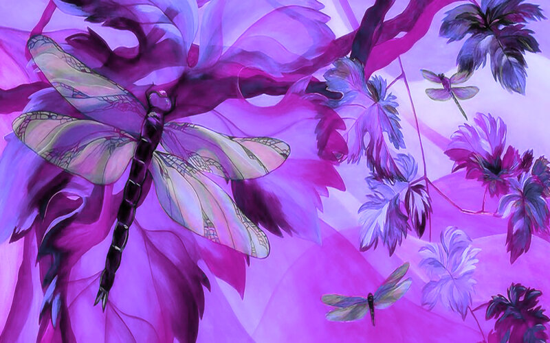 Dragonflies Among Purple Flowers