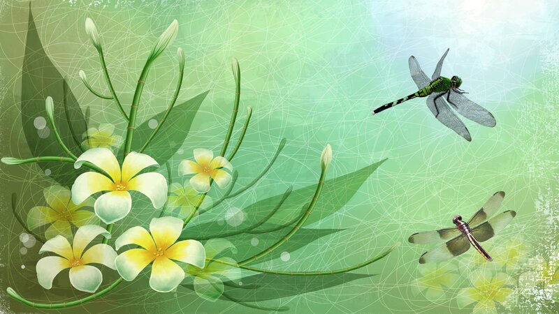 Dragonflies and Flowers — Green, Serene, Afternoon