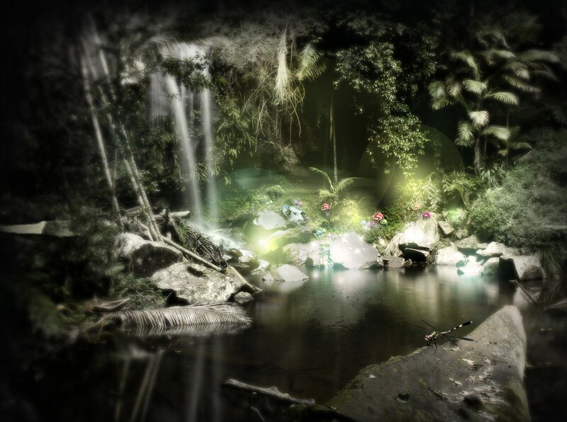 Dragonfly on Rock — Green, Mystical, Night, Digital Art