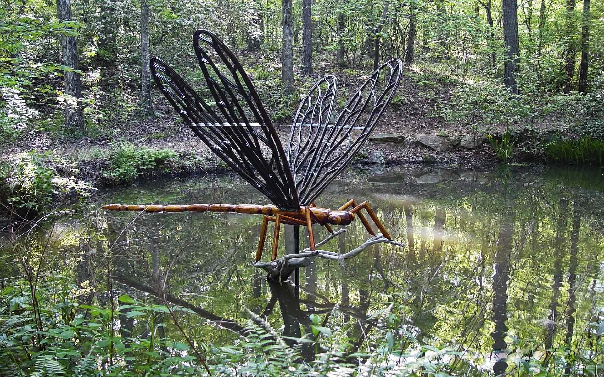 Dragonfly sculpture by pond