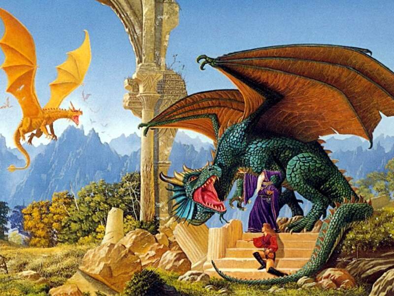 Dragons and a knight in fantasy scene