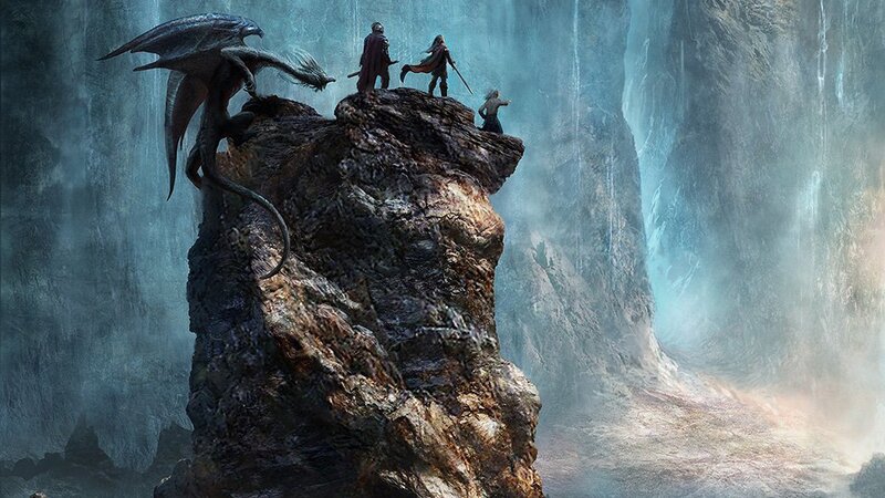 Dragons and adventurers on a cliff