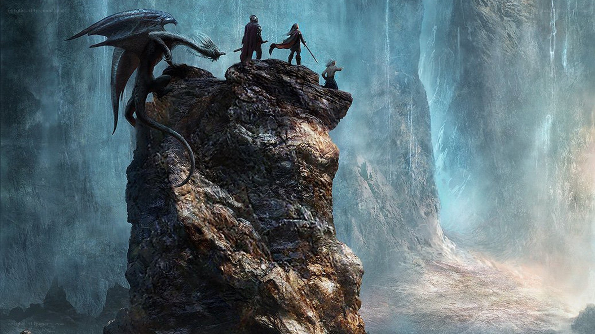 Dragons and adventurers on a cliff