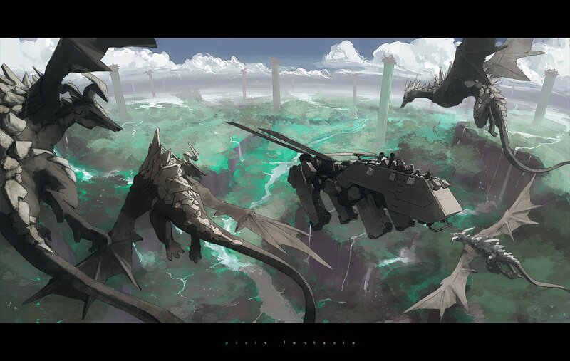 Dragons and mechs in a fantasy world