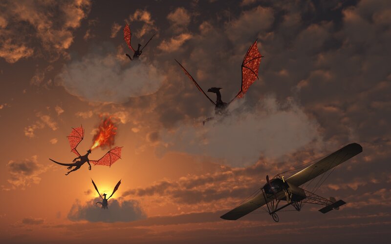 Dragons attack biplane at sunset