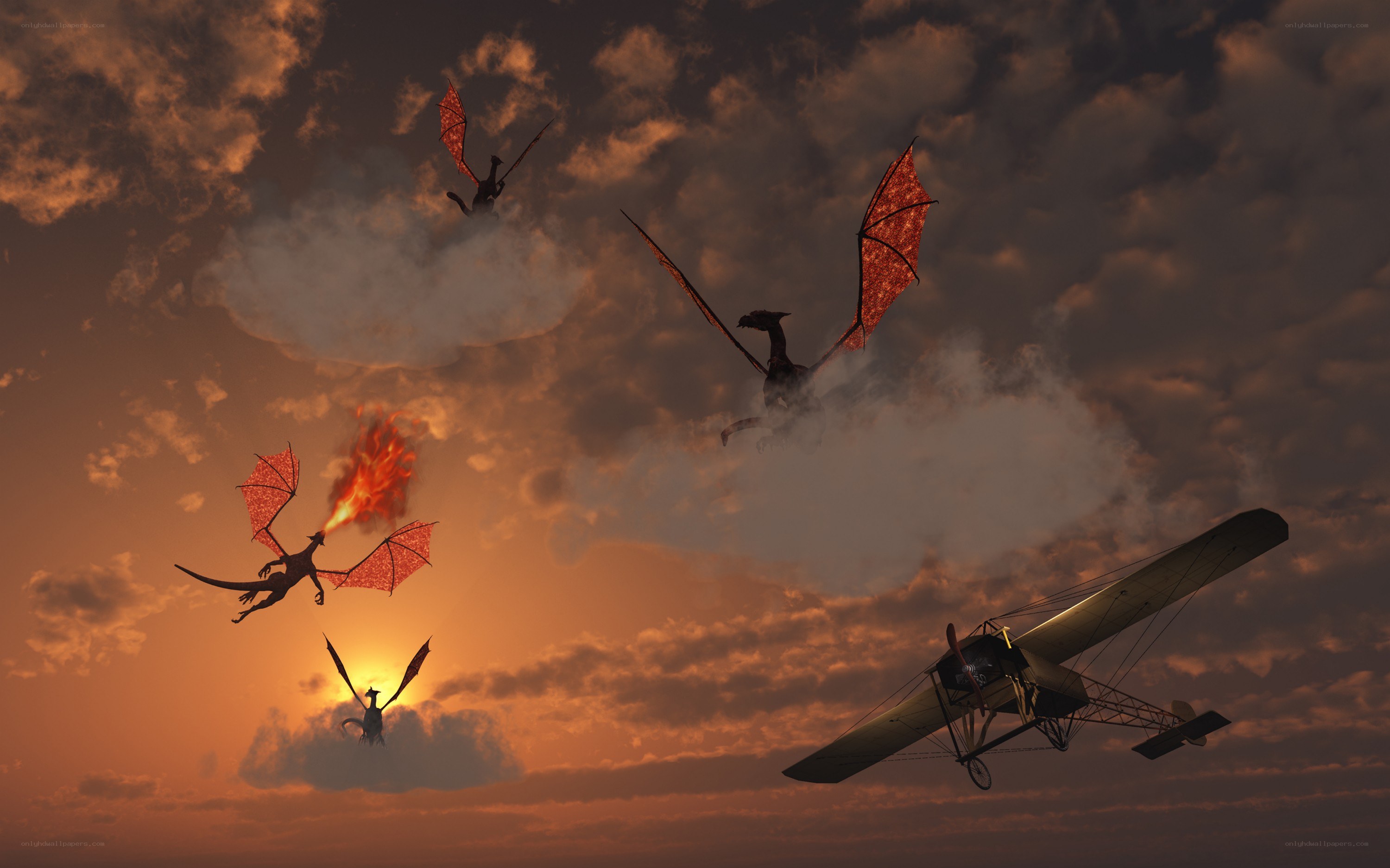 Dragons attack biplane at sunset