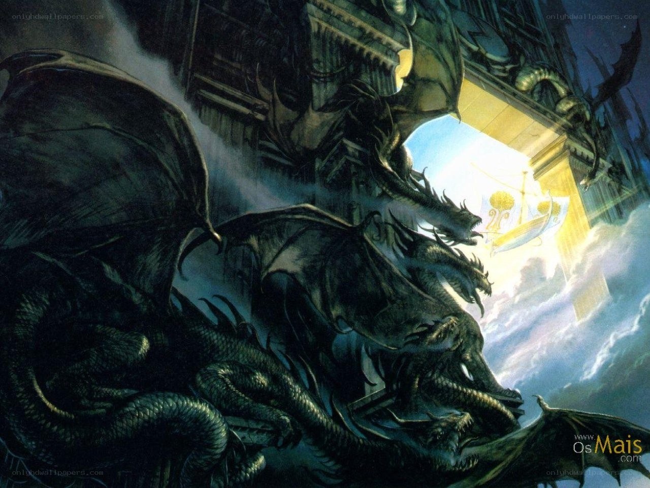 Dragons attacking a castle