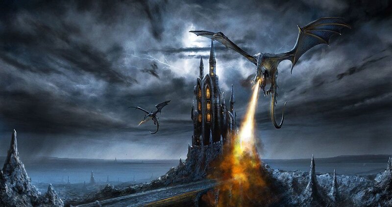 Dragons attacking a castle