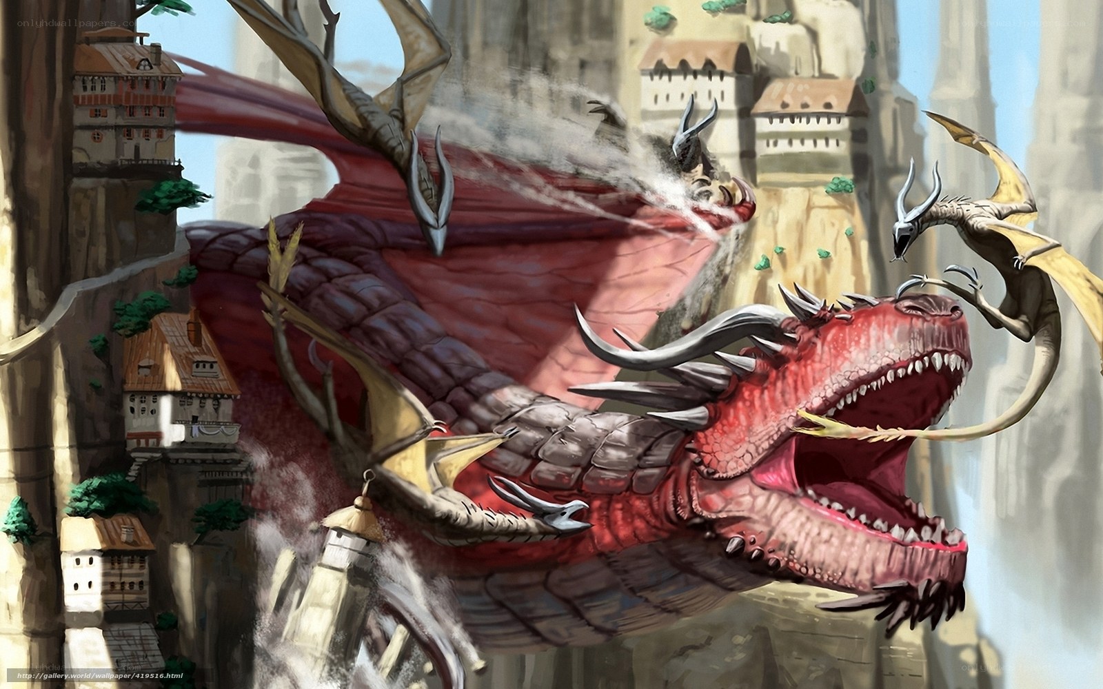 Dragons attacking a cliffside city