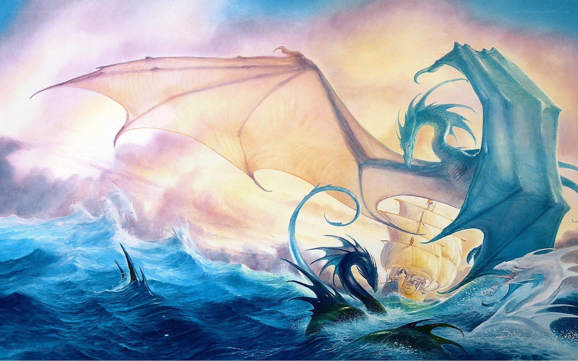 Dragons attacking a ship at sea