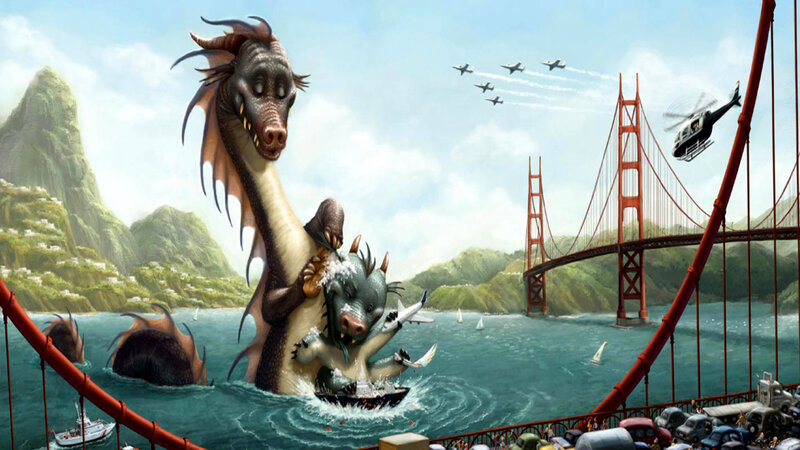 Dragons Attacking Bridge — Red
