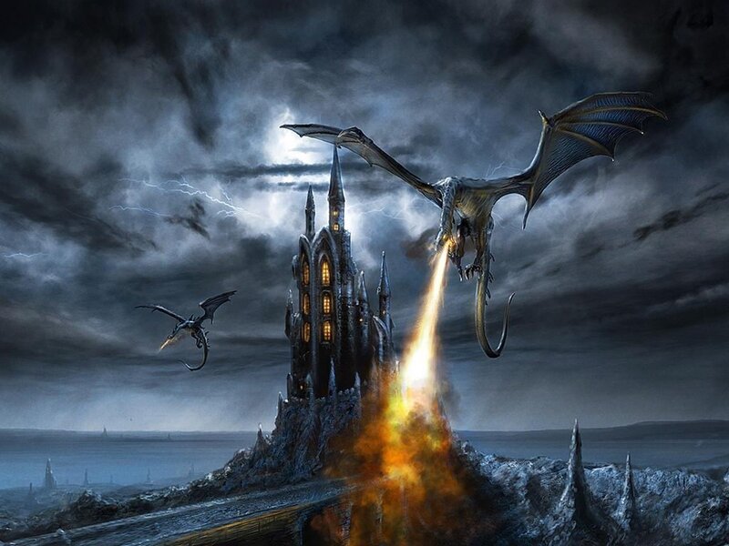 Dragons Attacking Castle — Gray, Dramatic, Night