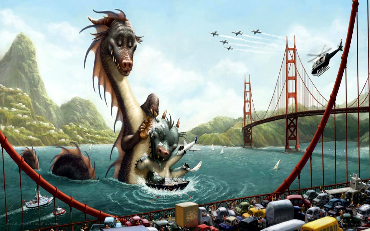 Dragons attacking Golden Gate Bridge
