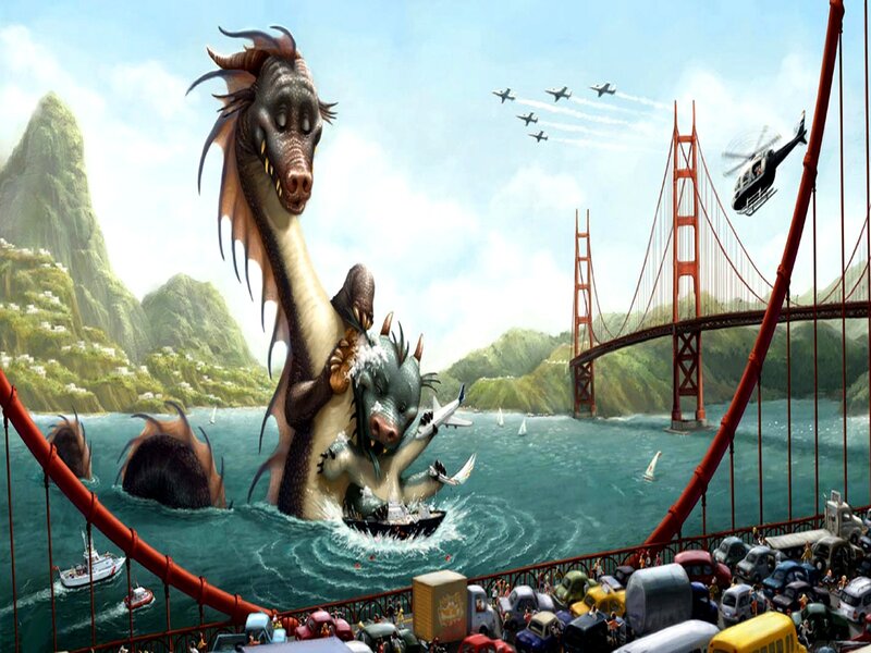 Dragons attacking Golden Gate Bridge
