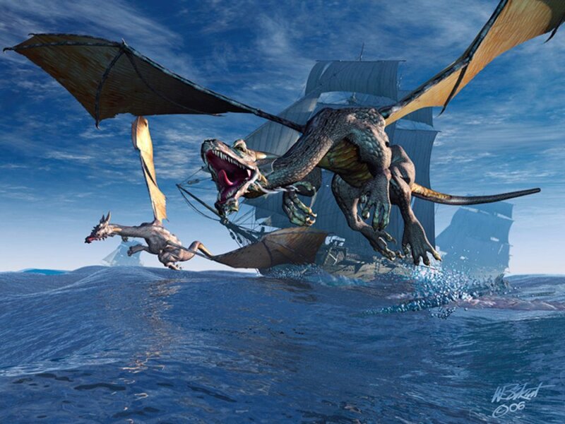 Dragons Attacking Ship — Blue, Dramatic, Afternoon