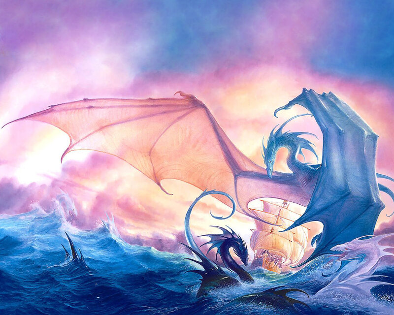 Dragons Attacking Ship — Blue, Dramatic, Sunset, Digital Art, Ocean