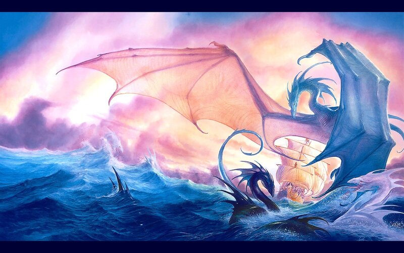 Dragons Attacking Ship — Blue, Dramatic, Sunset, Digital Art