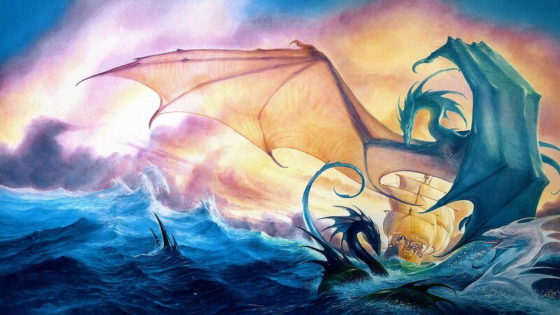 Dragons Attacking Ship — Blue, Dramatic, Sunset, Illustration, Ocean, Sky