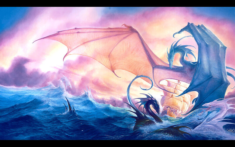 Dragons Attacking Ship — Blue, Dramatic, Sunset, Illustration, Ocean