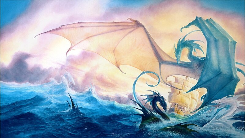 Dragons Attacking Ship — Blue, Dramatic, Sunset, Illustration