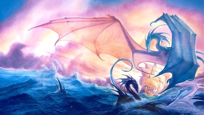 Dragons Attacking Ship — Blue, Dramatic
