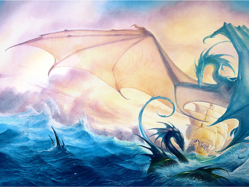 Dragons Attacking Ship — Blue