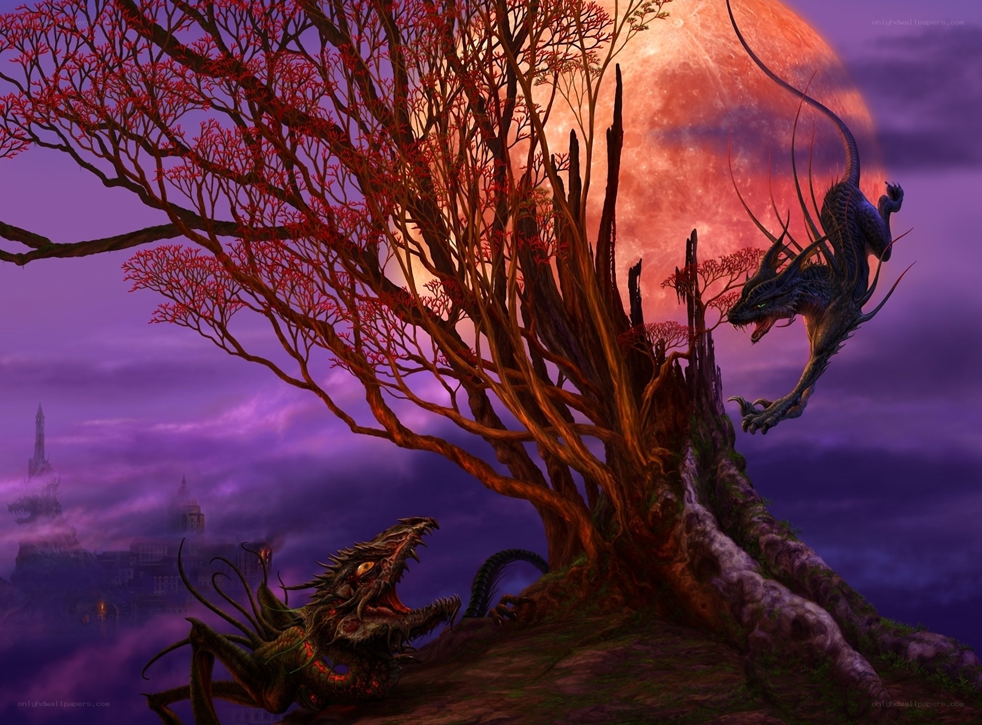 Dragons beneath a red moon