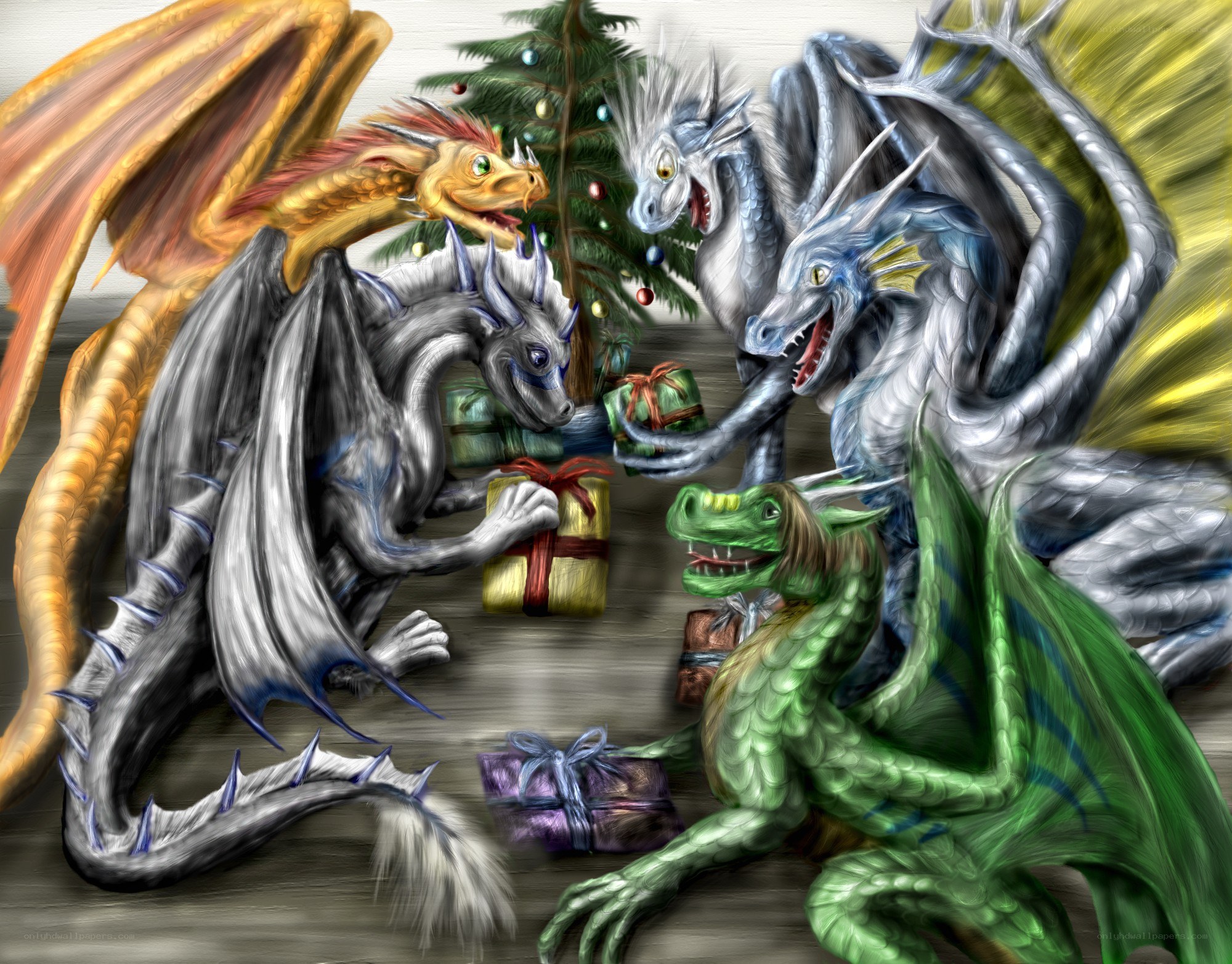 Dragons celebrating Christmas