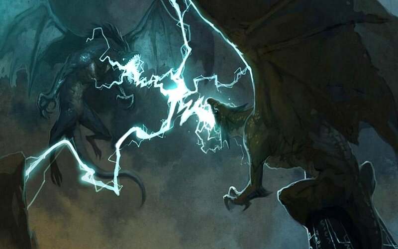 dragons clashing with lightning