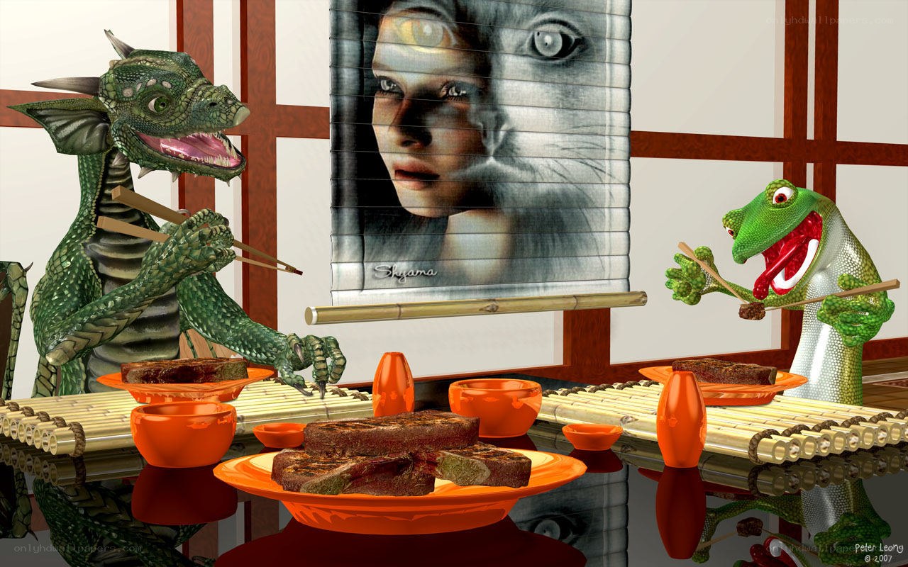 Dragons eating at a table