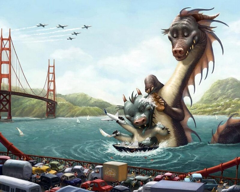 Dragons Fighting in Bay — Blue