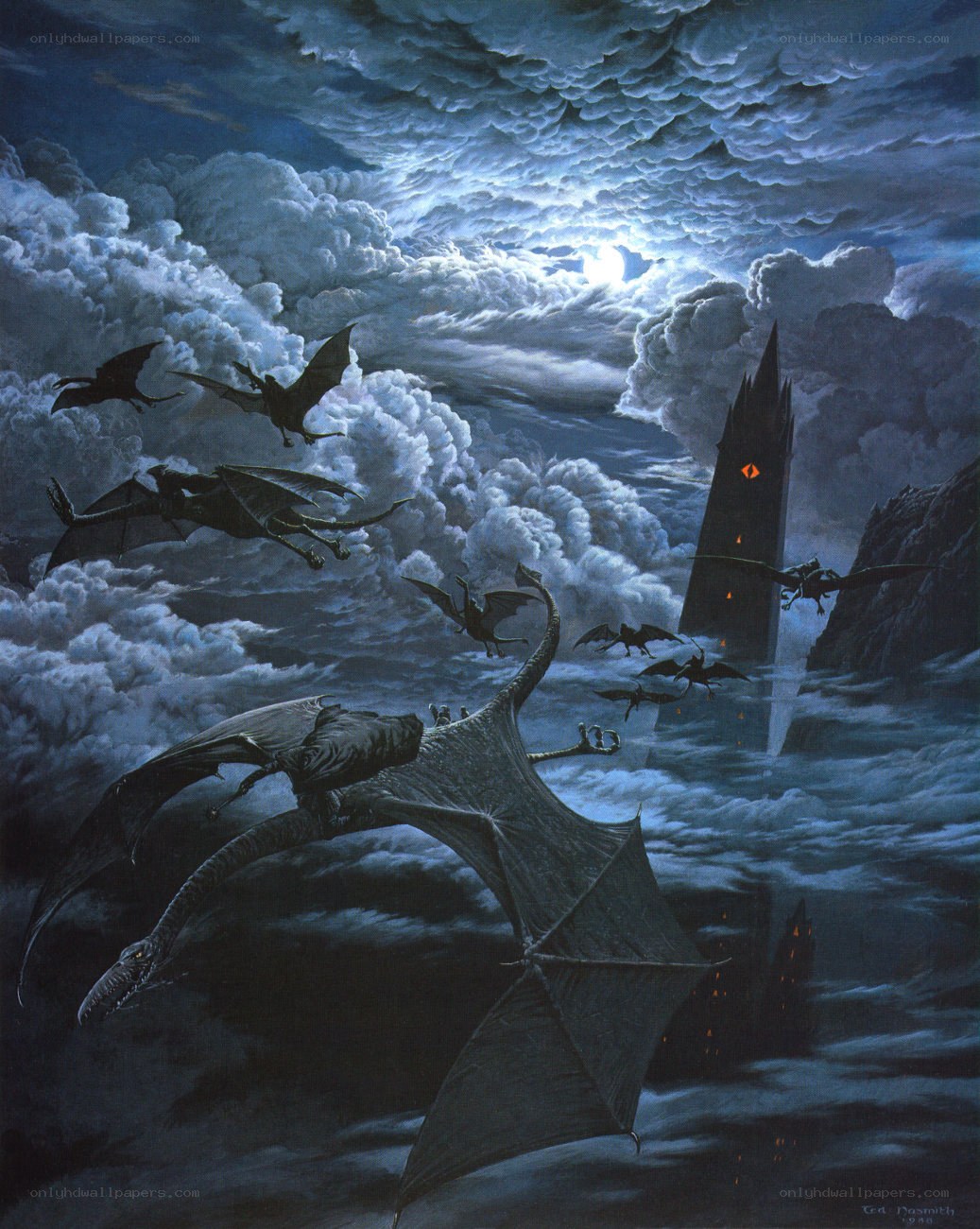 Dragons flying at night