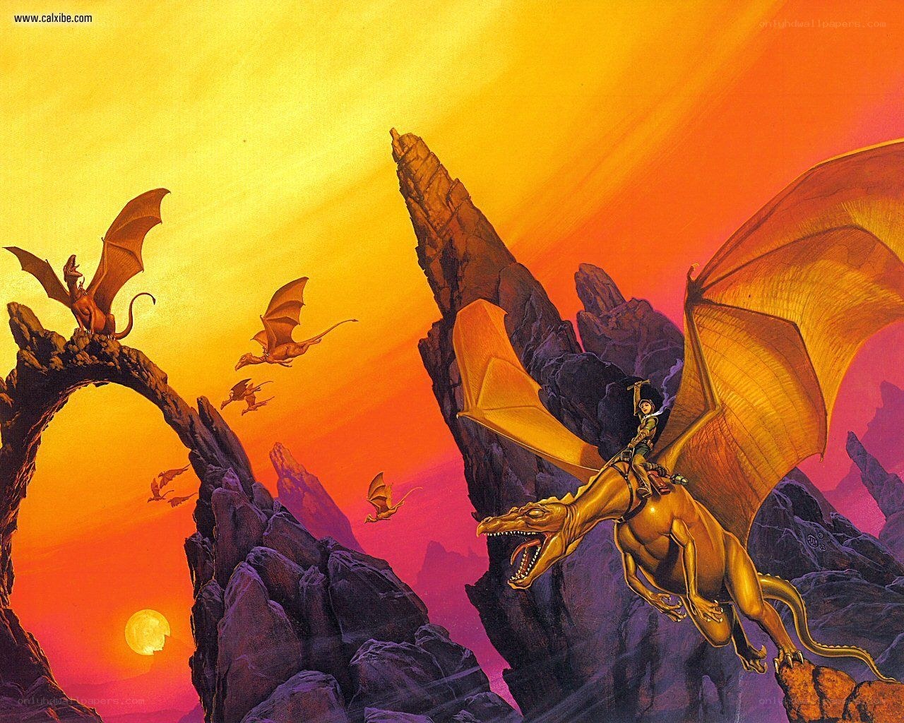 Dragons flying at sunset