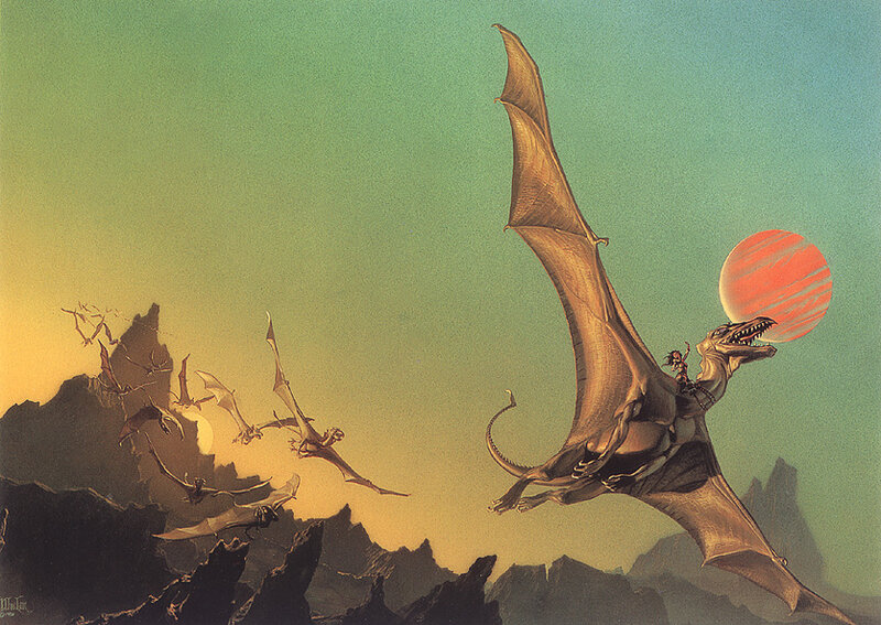 Dragons flying at sunset