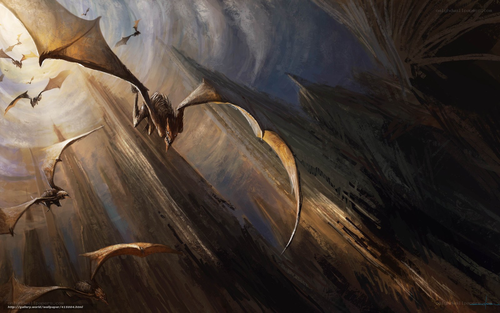 Dragons flying in a canyon