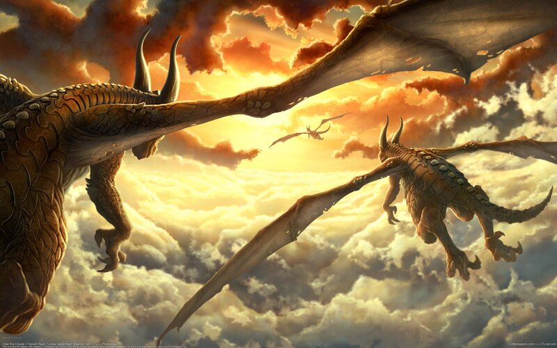 Dragons Flying in Clouds — Orange