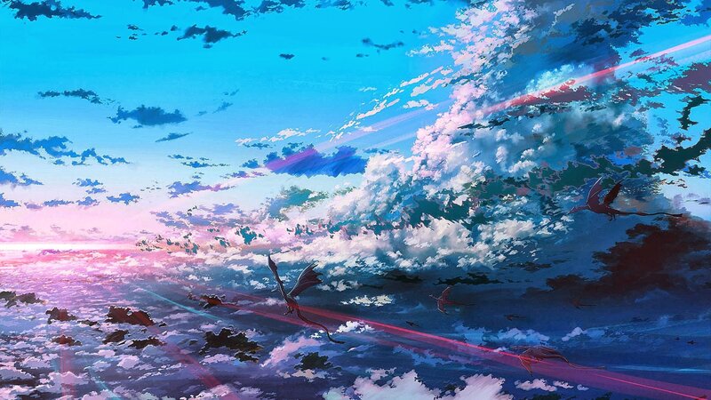 Dragons Flying in Sky — Blue, Dramatic, Sunset