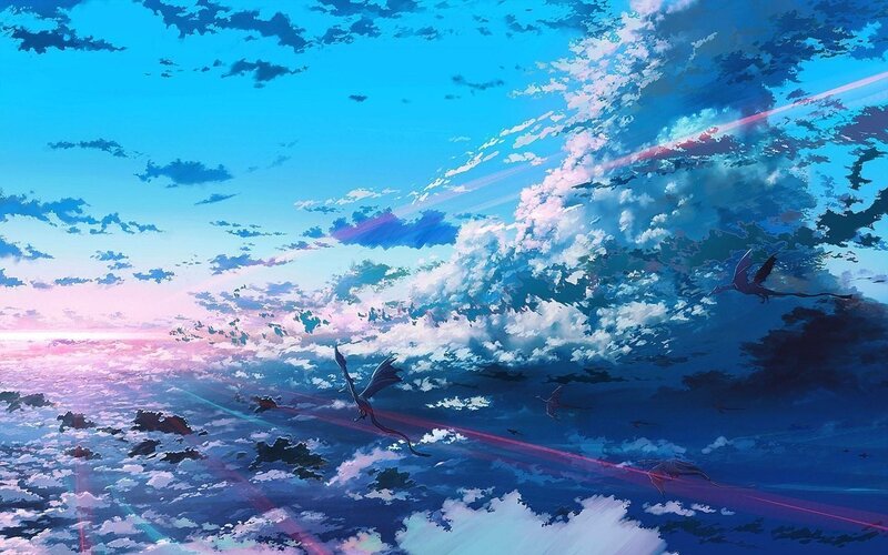 Dragons Flying in Sky — Blue, Serene, Sunset, Digital Art, Clouds, Light Rays