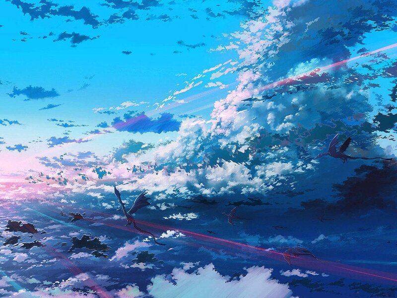 Dragons Flying in Sky — Blue, Serene, Sunset