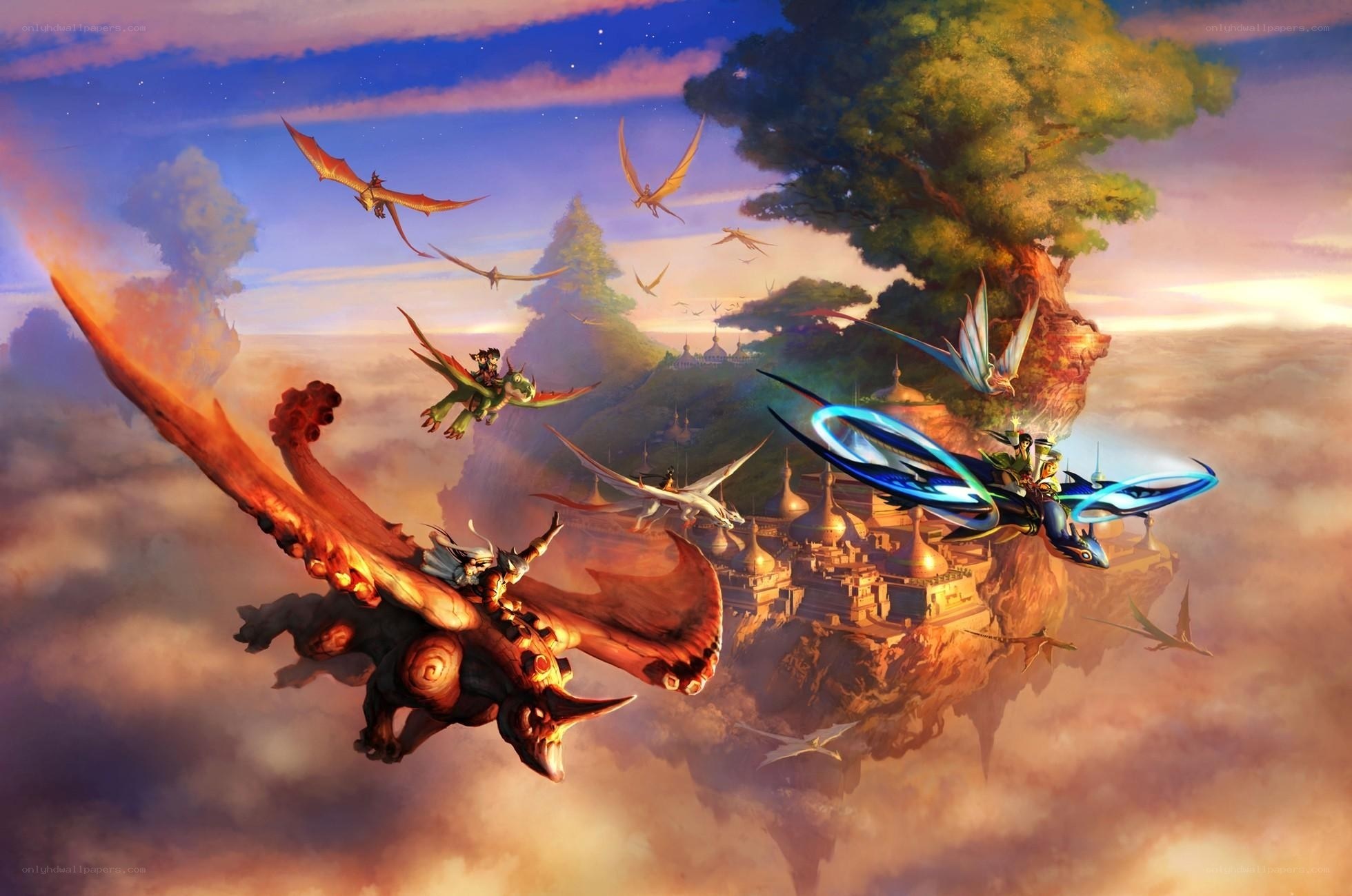 Dragons flying over a floating island