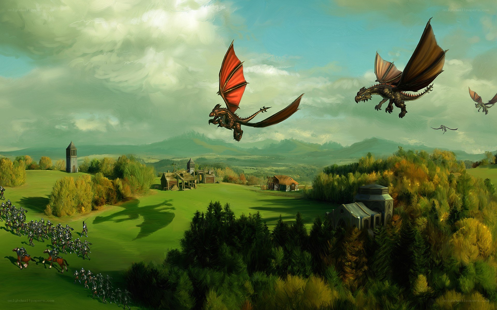 Dragons flying over a village