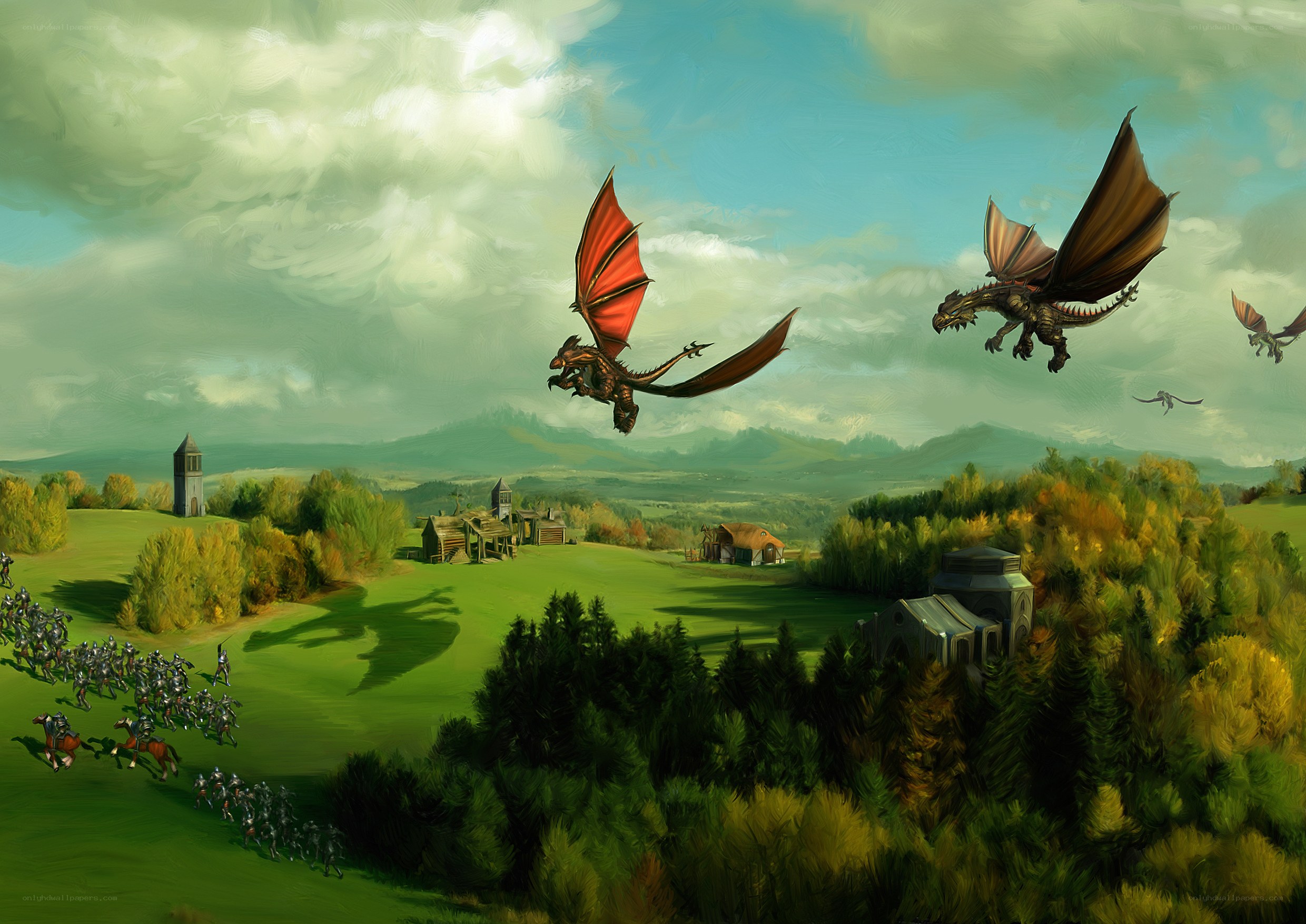 Dragons flying over a village