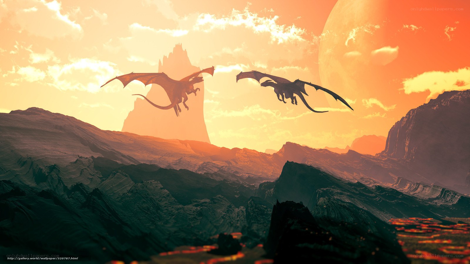 Dragons flying over alien landscape