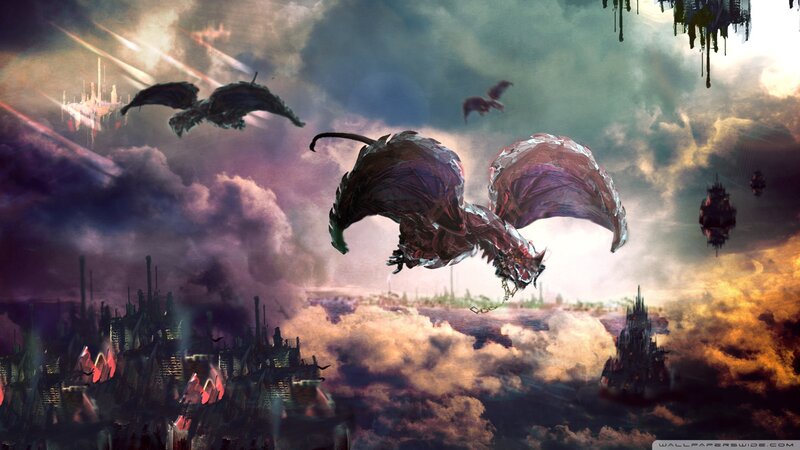Dragons Flying over City