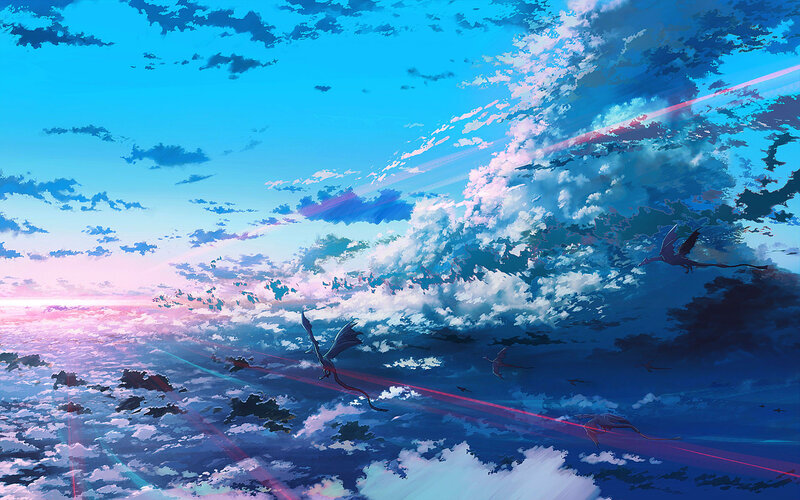 Dragons flying over clouds