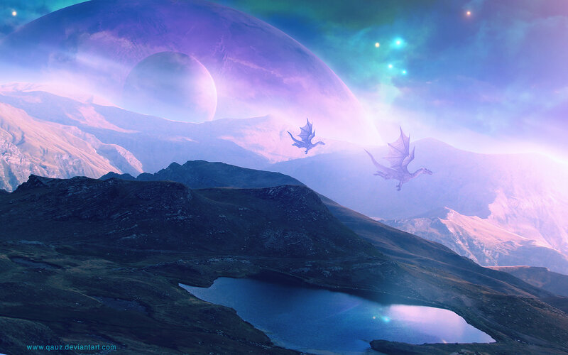 Dragons Flying over Mountains — Purple, Serene