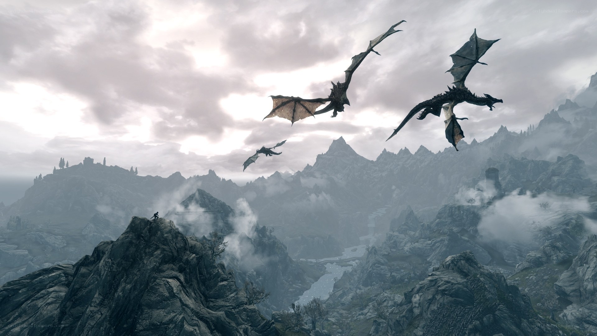 Dragons flying over mountains