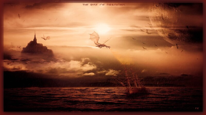 Dragons Flying over Sea — Orange