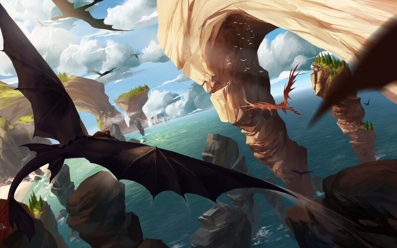 Dragons Flying over Sea