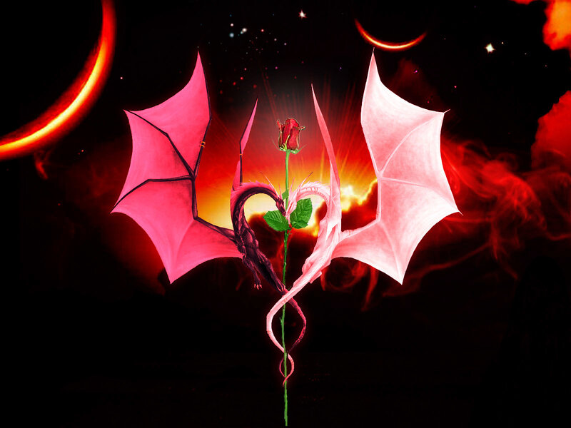 Dragons forming a heart with rose